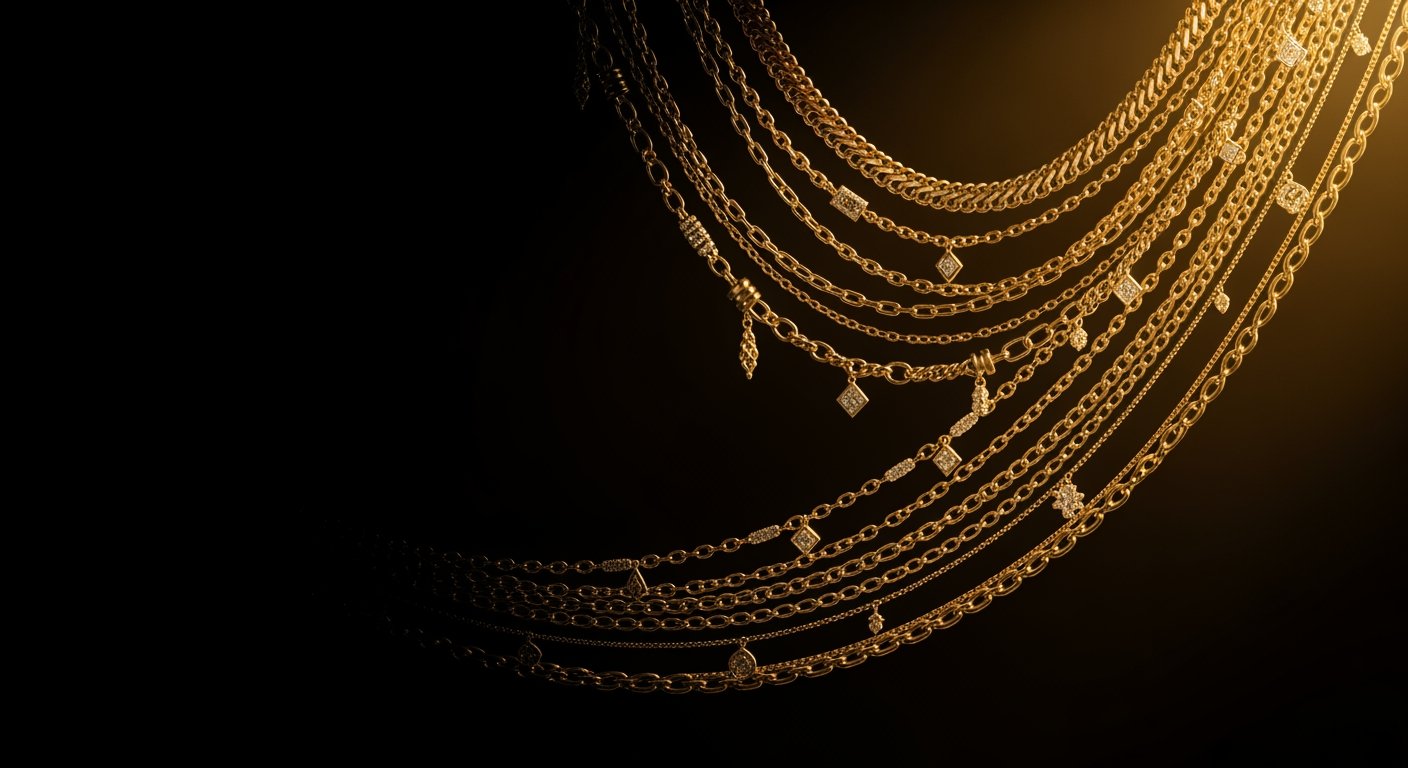 Cascading gold chains under warm light