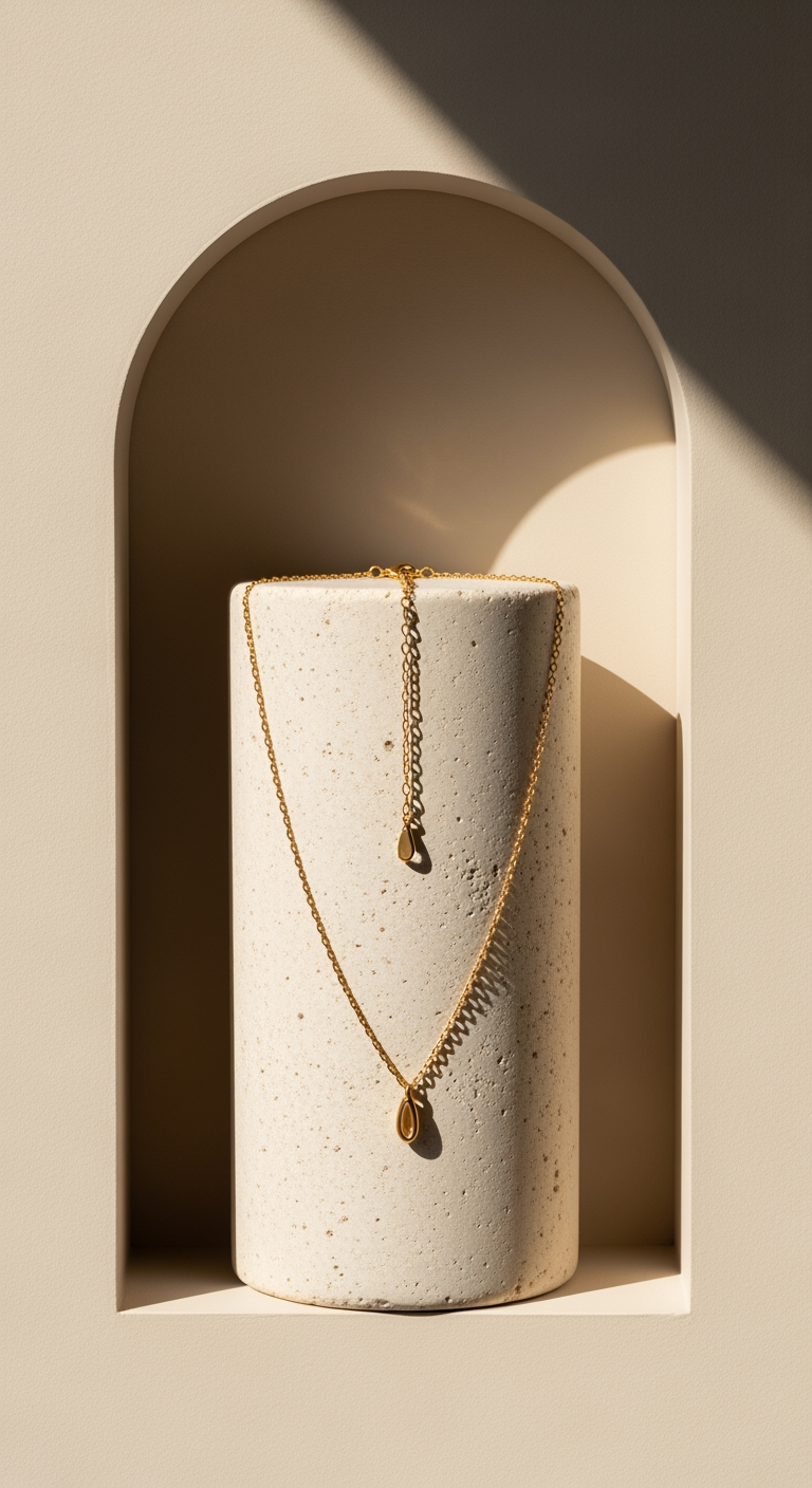 A gold necklace displayed on a stone pedestal